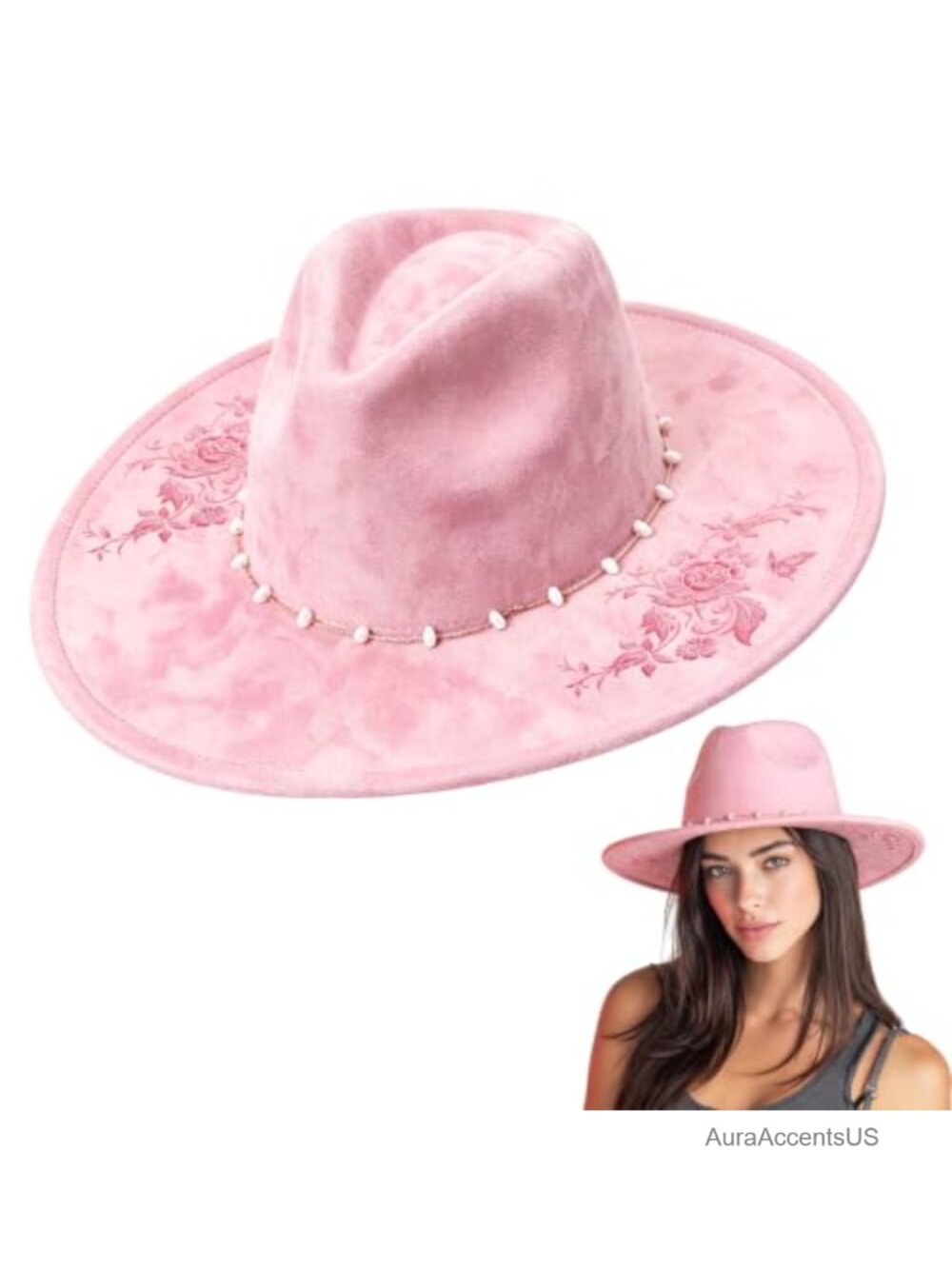 Wide Brim Suede Fedora Western Cowboy Hat Butterfly Embroidery